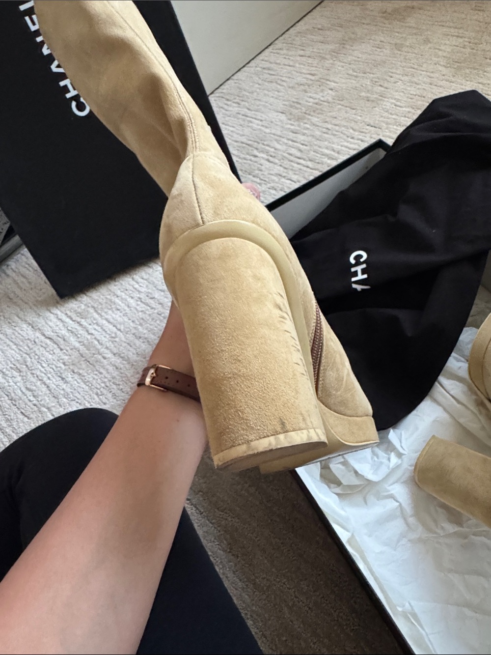 CHANEL Beige Suede Tall Boots with Platform Heel - Picture 6 of 11